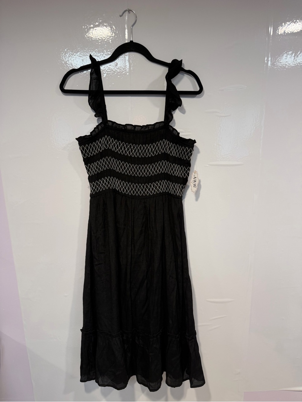 AUW Black Smocked Summer Dress Tie Straps A-Line Ruffle Hem NWT Large